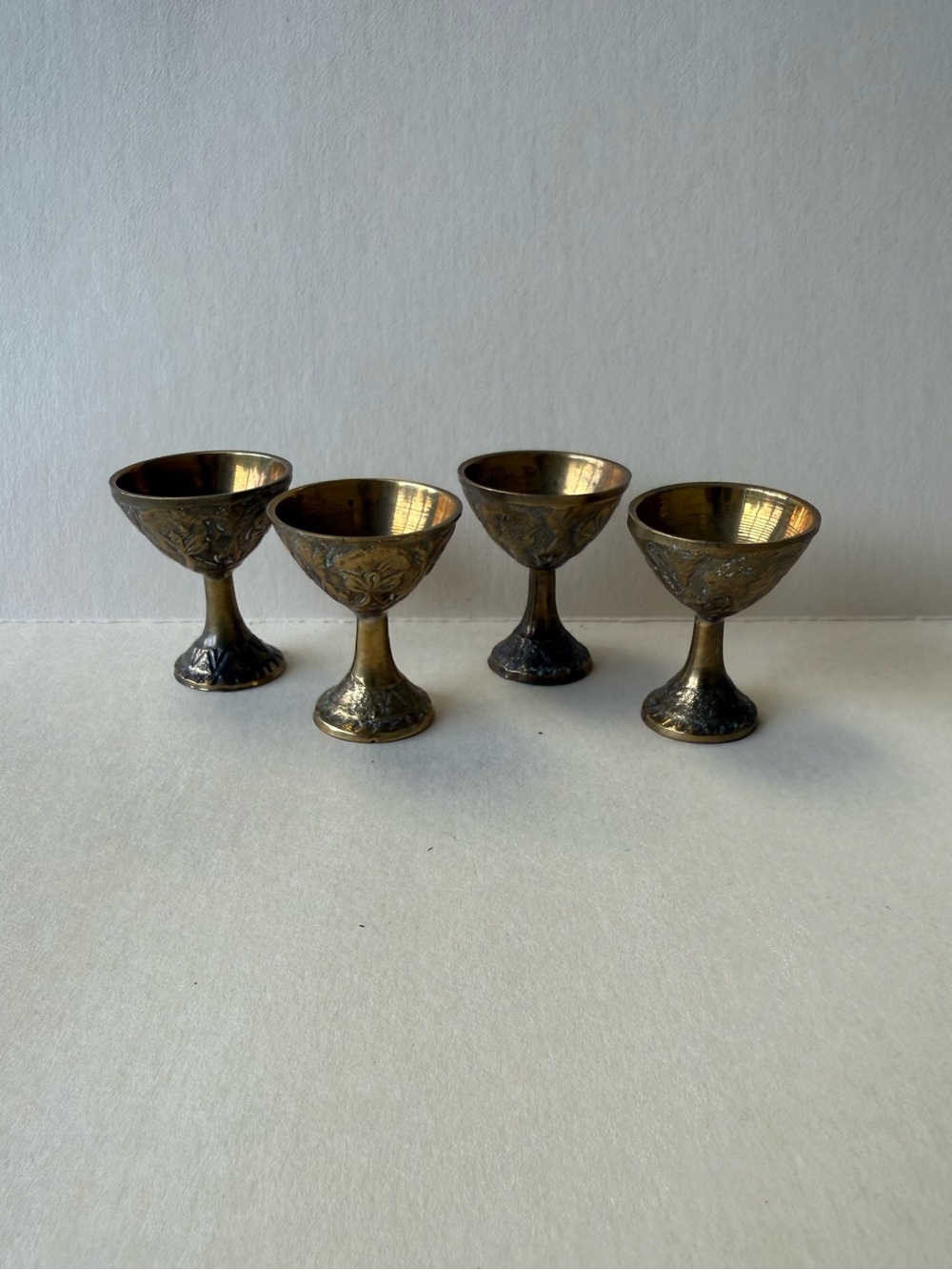 Set of 4 Antique-Style Mini Brass Tea or Liquor Goblets.